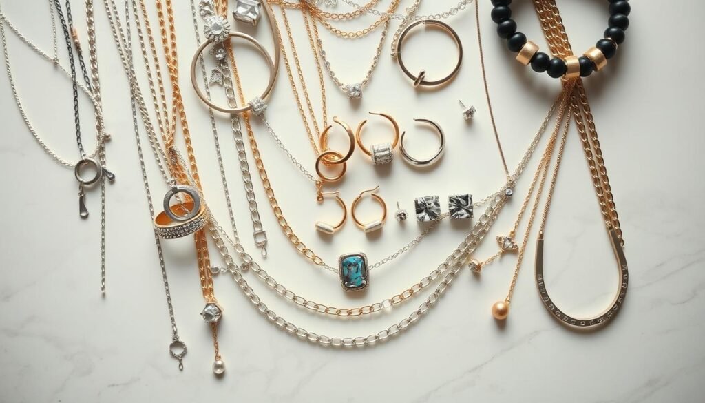 A beautifully lit overhead view of a stylish jewelry layering arrangement. In the foreground, an assortment of delicate necklaces, bracelets, and rings artfully intertwined, creating a harmonious visual symphony. The middle ground showcases a variety of statement earrings, from sleek hoops to sparkling studs, positioned to catch the light. In the background, a soft, diffused backdrop, perhaps a marble or neutral-toned surface, allows the jewelry to take center stage. The overall composition conveys a sense of effortless elegance, inspiring the viewer to experiment with mixing and matching their own jewelry pieces to elevate their look.