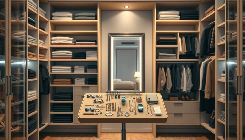 A beautifully organized wardrobe system, with neatly folded garments, color-coordinated shelves, and a stylized grid layout. In the foreground, a modern valet stand displays an array of carefully selected accessories and jewelry. In the middle ground, a large, well-lit mirror reflects the symmetrical arrangement of the space, creating a sense of balance and harmony. The background features soft, diffused lighting, casting a warm, inviting glow over the entire scene. The mood is one of effortless elegance and streamlined functionality, perfectly capturing the essence of a thoughtfully designed outfit planning and wardrobe organization system.