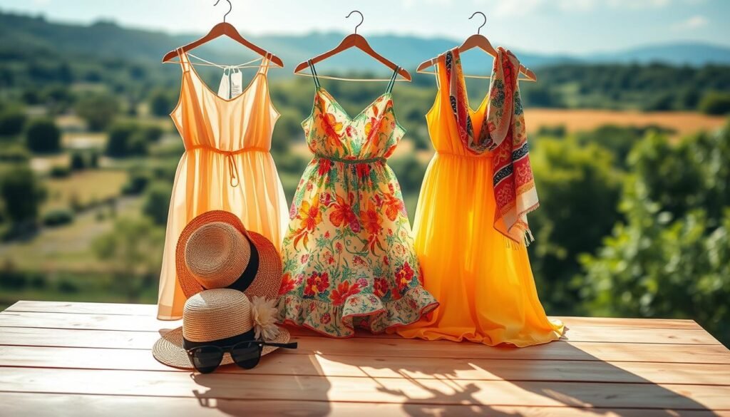A bright, airy summer scene with a prominent display of three stylish summer dresses. The dresses are arranged neatly on a wooden table, showcasing their vibrant colors and flowing silhouettes. The dresses are accompanied by essential styling accessories like a straw hat, a pair of sunglasses, and a colorful scarf, all casting soft shadows on the table surface. The background features a blurred, picturesque landscape with lush greenery and a clear blue sky, creating a serene and inviting atmosphere. The lighting is soft and diffused, highlighting the textures and details of the dresses and accessories. The camera angle is slightly elevated, offering a comprehensive view of the styling essentials for effortless summer looks.