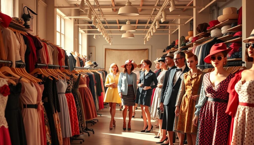 A bustling vintage fashion showroom, bathed in warm, natural lighting. The foreground features an array of iconic garments from different eras - flapper dresses, tailored suits, poodle skirts, and retro accessories like pillbox hats and cat-eye sunglasses. In the middle ground, models strike timeless poses, showcasing the versatility of these vintage styles. The background fades into a soft, nostalgic ambiance, hinting at the rich history and cultural significance of these fashion decades. An air of elegant sophistication and sartorial inspiration permeates the scene, inviting the viewer to explore the enduring appeal of vintage fashion.
