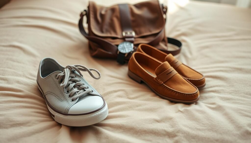 A casual, well-styled shoe arrangement resting on a soft, neutral-toned fabric surface. The foreground features a pair of canvas sneakers, their laces casually untied, alongside a pair of suede loafers in a complementary earthy tone. The middle ground showcases a leather messenger bag and a watch, adding subtle hints of texture and metallic accents. In the background, a gentle, natural lighting filters through, creating a warm, inviting atmosphere. The overall composition conveys a sense of effortless sophistication, highlighting the versatility and charm of casual weekend shoe styling.
