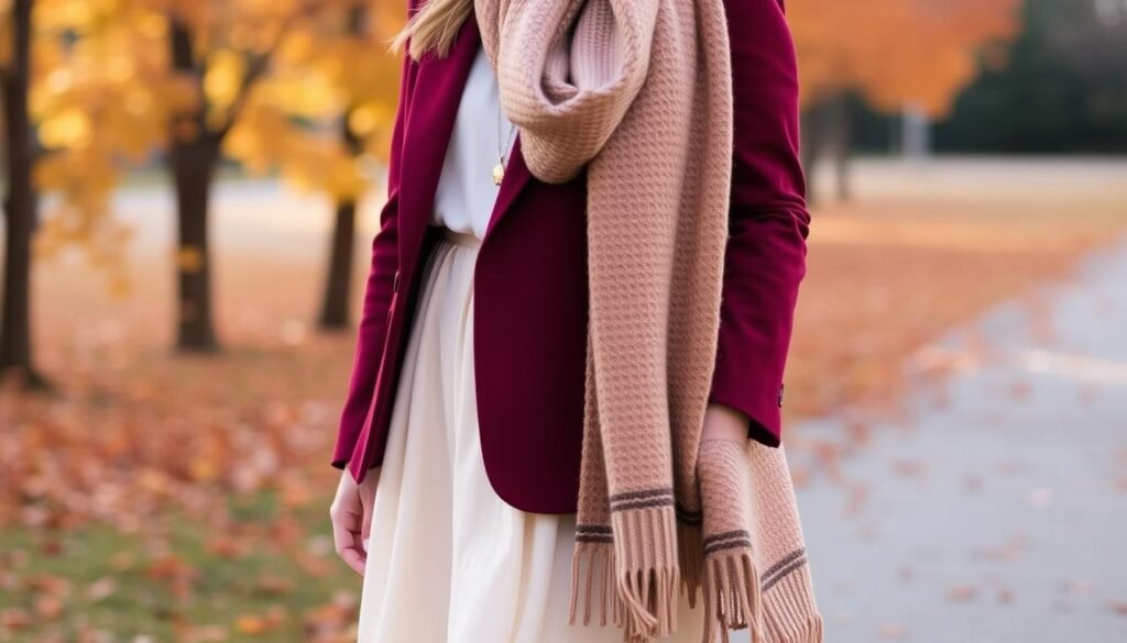 A chic and stylish seasonal date outfit guide, featuring a cozy autumn-inspired look with a tailored burgundy blazer, a flowy cream midi dress, and cognac ankle boots, set against a backdrop of warm-toned foliage and a soft, diffused natural lighting. The ensemble is accessorized with a delicate gold necklace and an oversized knit scarf, creating a harmonious blend of sophistication and seasonal charm. The scene is captured from a mid-level angle, providing a balanced and visually appealing composition.