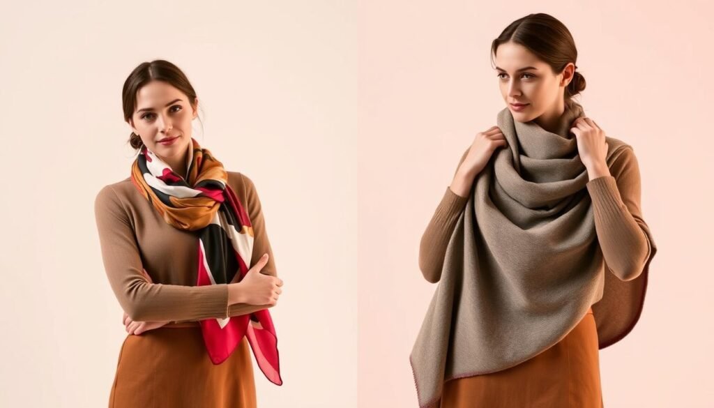 A chic and stylish woman standing in a well-lit studio, gracefully demonstrating different scarf styling techniques. In the foreground, she artfully wraps a vibrant silk scarf around her neck, showcasing a classic loop and tuck. The middle ground features the woman adjusting a large cashmere wrap, draping it over her shoulders in a sophisticated manner. The background has a clean, minimalist backdrop, allowing the scarf styling to take center stage. The lighting is soft and flattering, with a warm, inviting tone that enhances the tactile nature of the fabrics. The overall mood is one of elegance, simplicity, and practical styling inspiration.