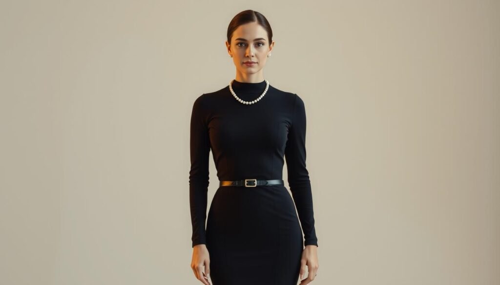 A chic and stylish woman stands confidently in a sleek, form-fitting little black dress. The dress is cut with a high neckline and long sleeves, accentuating her elegant silhouette. Strategically placed accessories elevate the look - a delicate pearl necklace, a slim metallic belt cinching her waist, and a pair of classic black pumps with a pointed toe. The lighting is soft and flattering, casting a warm glow on the woman's face and the dress's fabric. The background is a minimalist, neutral-toned setting, allowing the woman and her carefully curated ensemble to be the focal point. The overall mood is one of understated sophistication and timeless charm.