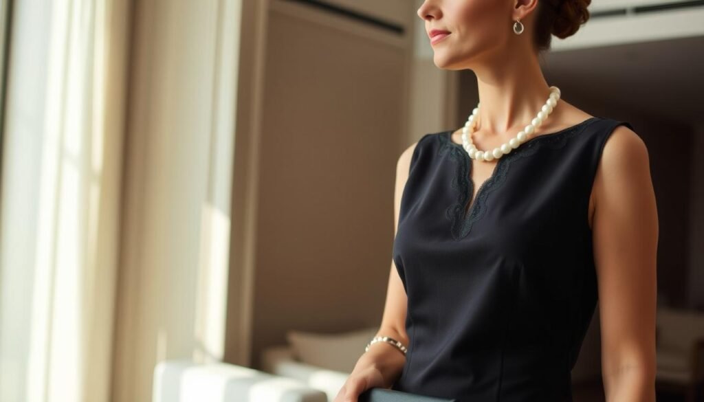 A chic, elegant woman stands confidently in a tasteful, occasion-specific classic look. In the foreground, a sophisticated black dress with a flattering silhouette and a touch of lace at the neckline. The middle ground features complementary accessories - a pearl necklace, a delicate bracelet, and a small clutch bag. Lighting from the side creates gentle shadows, accentuating the lines of the outfit. The background is a refined, minimalist interior with clean, modern lines, adding to the overall sense of timeless style. The mood is one of refined sophistication, highlighting how classic pieces can be styled for different occasions with elegance and charm.