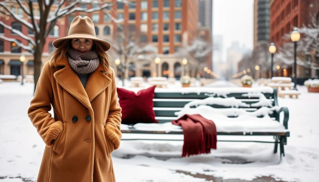 A chic winter fashion scene showcasing a cohesive color scheme. In the foreground, a stylish woman in a plush, camel-colored coat stands confidently, paired with a matching knit scarf and wide-brimmed felt hat. The middle ground features a cozy, snow-covered park bench, accented by a vibrant burgundy throw pillow and a pair of sleek leather gloves. In the background, a snowy urban landscape with towering brick buildings, softly lit by the warm glow of streetlamps, creates a sense of elegance and tranquility. The lighting is soft and natural, with a slight vignette effect to draw the eye to the central figure. Rendered in a realistic, high-resolution style using a 50mm lens.