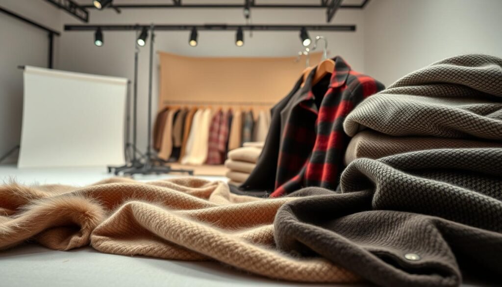 A clean, well-lit studio setting featuring an array of winter fashion fabrics in a variety of textures and materials. In the foreground, a selection of luxurious fabrics such as wool, cashmere, and velvet, each displayed on a neutral-colored surface to showcase their unique qualities. In the middle ground, a selection of practical and durable fabrics like flannel, tweed, and corduroy, arranged in a visually appealing manner. In the background, a soft, ethereal lighting setup creates a warm and inviting atmosphere, emphasizing the tactile nature of the materials. The overall composition should convey a sense of sophistication and attention to detail, highlighting the importance of selecting the right winter fabrics for a stylish and practical cold-weather wardrobe.