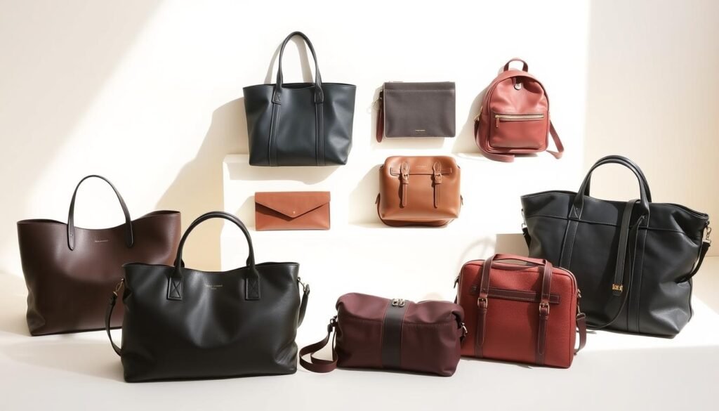 A collection of essential women's bags, captured in a soft, natural lighting. In the foreground, a sleek leather tote, a structured satchel, and a spacious weekender bag sit neatly arranged. In the middle ground, a versatile crossbody, a chic clutch, and a mini backpack provide a range of practical and stylish options. The background features a minimalist, off-white backdrop, allowing the bags to take center stage. The overall scene exudes a sense of effortless elegance and timeless sophistication, showcasing a versatile wardrobe essential for the modern woman.