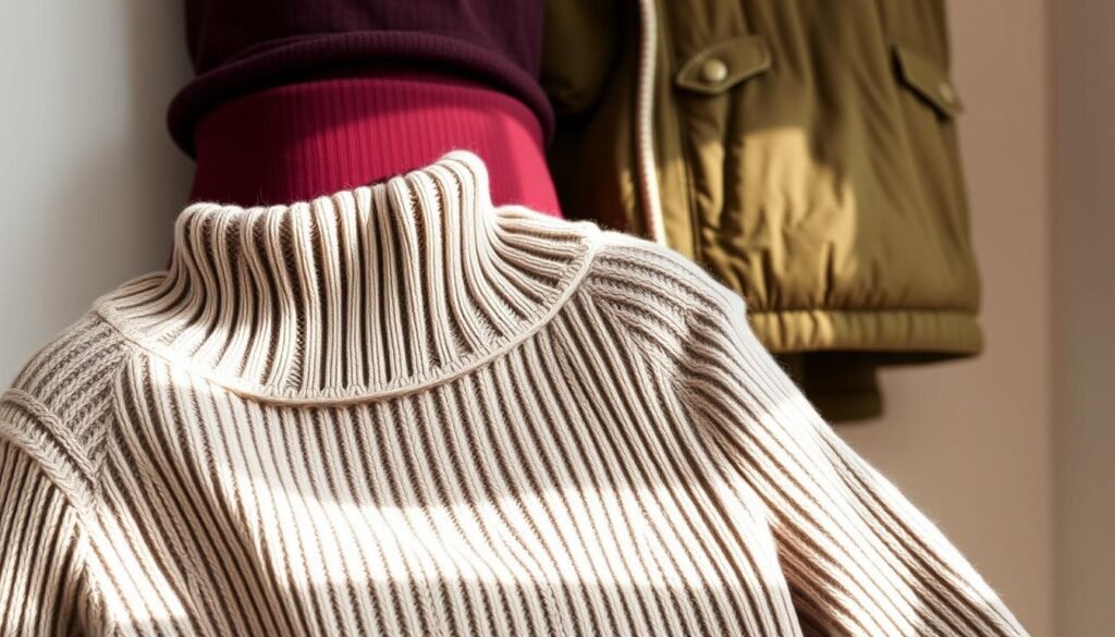 A cozy and stylish winter outfit base layer. In the foreground, a thick, ribbed knit sweater in a neutral tone, with an oversized turtleneck collar. In the middle ground, a pair of high-waisted thermal leggings in a deep burgundy hue, accentuating the silhouette. In the background, a plush, fleece-lined jacket in a warm, earthy olive green, with a matte finish and subtle quilting details. The lighting is soft and diffused, creating a gentle, natural glow that enhances the textural qualities of the fabrics. The composition is balanced, with the layers of clothing arranged in a visually harmonious manner, conveying a sense of comfort, practicality, and refined winter style.
