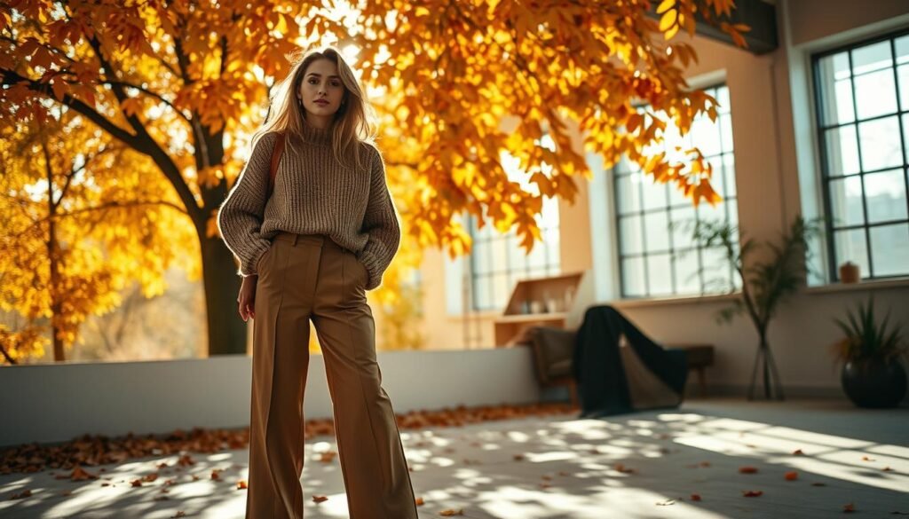 A cozy autumn afternoon, sunlight filtering through a canopy of vibrant foliage. In the foreground, a stylish individual models a transitional fall outfit - a warm, oversized knit sweater paired with tailored wide-leg trousers and sleek ankle boots. The middle ground features a mix of textures, from a suede moto jacket to a flowing midi skirt. In the background, a minimalist loft-style interior with large windows, creating an effortless, relaxed ambiance. The lighting is soft and diffused, highlighting the autumnal color palette of burnt oranges, mustard yellows, and deep reds. Capture the essence of effortless, seasonally-appropriate fashion in this chic, editorial-style image.