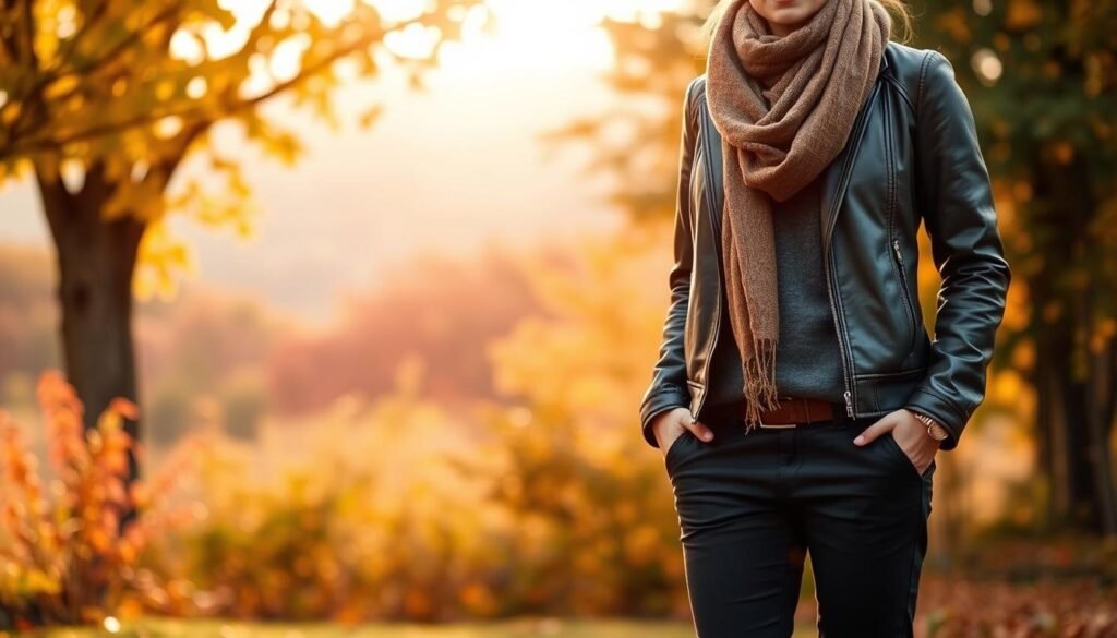 A cozy autumn scene, with a well-dressed person standing outdoors, showcasing layered outfits suitable for changing temperatures. In the foreground, the person wears a stylish leather jacket, a warm scarf, and slim-fit pants, demonstrating how to combine different textures and weights to create a polished, transitional look. The middle ground features a lush, colorful landscape of fall foliage, with a mix of vibrant reds, oranges, and yellows. In the background, a warm, soft lighting creates a serene, golden hour atmosphere, highlighting the seasonal hues. The overall composition conveys a sense of comfort, versatility, and fashion-forward styling for autumn.