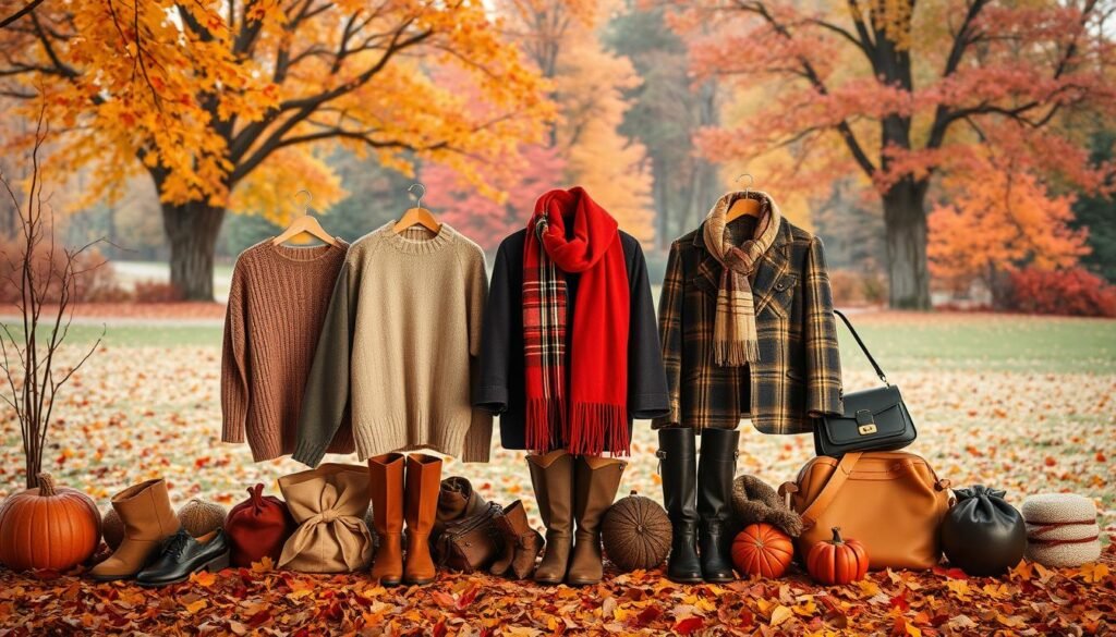 A cozy autumnal scene with an inviting color palette of warm hues. In the foreground, arrange a selection of stylish autumn outfits, including knitted sweaters, plaid blazers, and suede boots. In the middle ground, display various accessories like scarves, hats, and bags that complement the outfits. In the background, depict a tranquil outdoor setting with vibrant fall foliage, perhaps a park or a forest, illuminated by soft, diffused lighting. The overall atmosphere should evoke a sense of comfort, coziness, and seasonal inspiration.