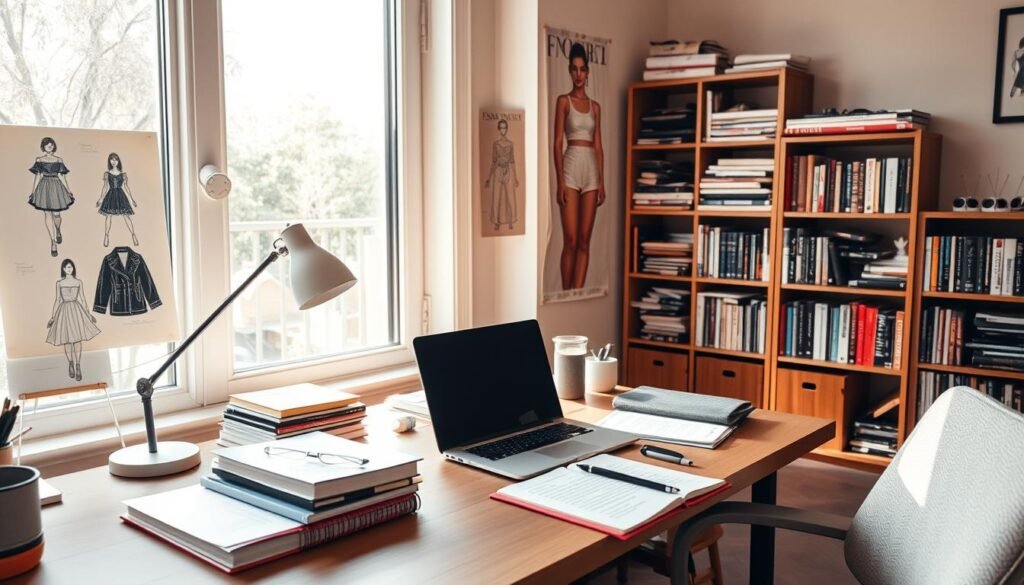 A cozy home office with a well-organized desk, featuring a laptop, notebook, and various research materials. Warm, natural lighting filters through a large window, casting a soft glow on the scene. The walls are adorned with inspirational fashion sketches and swatches, hinting at the owner's passion for sustainable design. In the background, a bookshelf displays a curated collection of fashion-related books and magazines. The overall atmosphere exudes creativity, diligence, and a commitment to ethical fashion exploration.