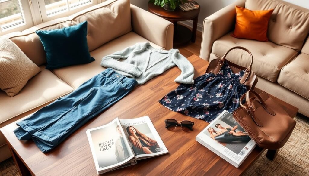 A cozy living room with a comfortable couch and plush armchair. Stylish yet casual outfits are laid out on the furniture, including a well-fitted pair of blue jeans, a soft gray sweater, and a floral print dress. In the background, a large window lets in natural light, casting a warm glow over the scene. On a wooden coffee table, fashion magazines and accessories like sunglasses and a leather tote bag are neatly arranged, showcasing creative mixing and matching techniques. The overall atmosphere is one of effortless elegance and relaxed sophistication.