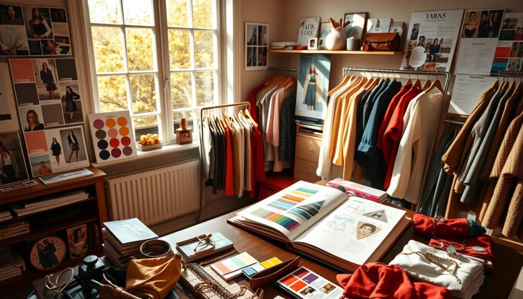 A cozy, well-lit home study. On the desk, an open notebook with seasonal color swatches and wardrobe sketches. Beside it, a variety of fashion magazines, color wheels, and fashion inspiration photos. The walls are adorned with mood boards showcasing seasonal color palettes. A large window floods the room with warm, golden afternoon light, casting a soft glow on the study materials. In the foreground, a neatly organized array of clothing, accessories, and fabrics in complementary seasonal hues. The overall atmosphere is one of thoughtful, creative wardrobe planning.