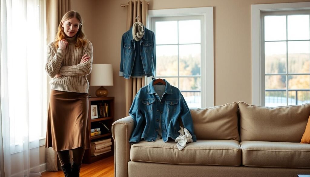 A cozy, well-lit indoor scene showcasing seasonal styling layering techniques. In the foreground, a fashion-forward model poses gracefully, wearing a soft knit sweater, paired with a mid-length skirt and knee-high boots. The middle ground features a selection of layering pieces, such as a denim jacket, a lightweight scarf, and a versatile cardigan, arranged neatly on a neutral-toned couch. The background depicts a warm, inviting living room setting, with a large window letting in natural light and showcasing a scenic view of the changing seasons outside. The overall mood is one of stylish comfort and effortless transitional dressing.