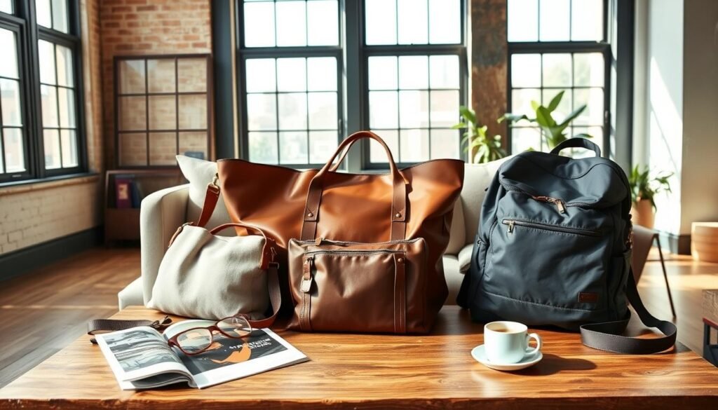 A cozy, well-lit loft space with natural light streaming through large windows. In the foreground, an arrangement of various casual weekend bags - a canvas tote, a leather crossbody, and a sporty nylon backpack - artfully styled on a wooden coffee table. The bags feature a neutral color palette with pops of earthy tones. Strategically placed around the bags are complementary lifestyle accents like a magazine, a mug of coffee, and a potted plant, creating a harmonious and inviting scene. The overall mood is relaxed, aspirational, and effortlessly stylish, reflecting the section's focus on perfecting casual and weekend bag styling.