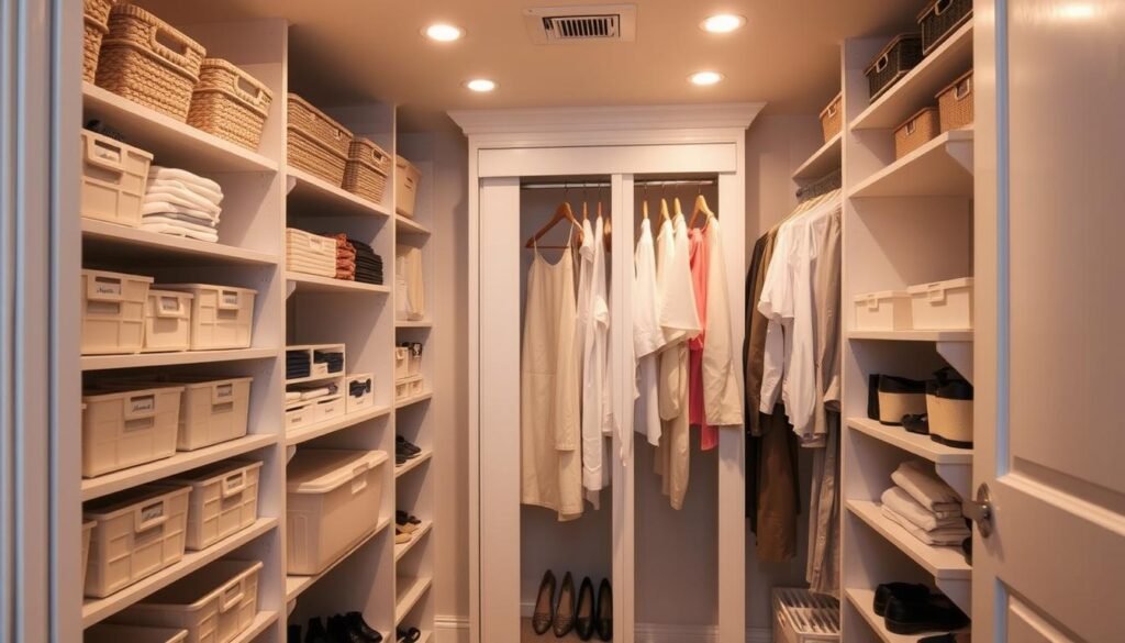 A cozy, well-organized small closet with a mix of open shelving, hanging rods, and clever storage solutions. The space is bathed in warm, soft lighting from recessed ceiling fixtures, casting a gentle glow. The foreground showcases a series of labeled bins, baskets, and cubbies on adjustable shelves, efficiently housing folded clothes, shoes, and accessories. In the middle ground, a sliding or bi-fold door system maximizes the limited floor space, with neatly hung shirts, blouses, and dresses. The background features a neutral-toned, minimalist decor scheme, allowing the storage solutions to be the focal point. An overall sense of tidiness, functionality, and space optimization pervades the scene.