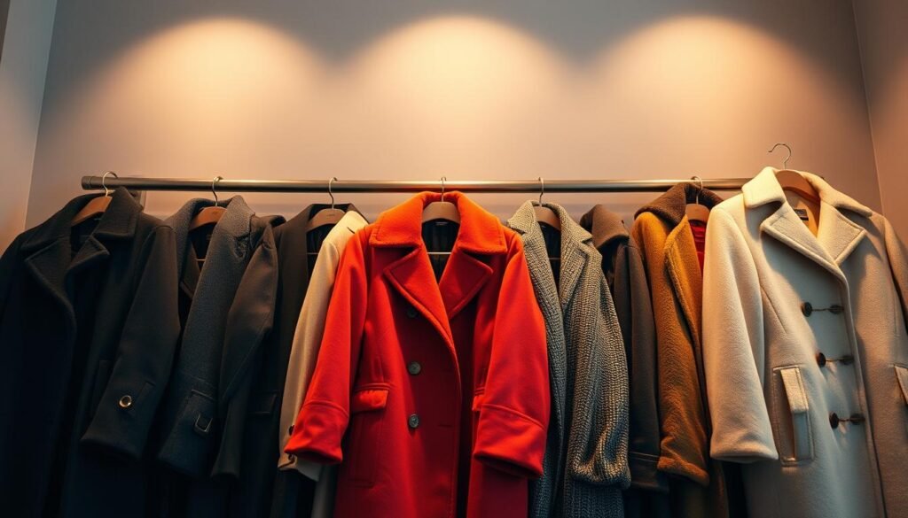A cozy winter scene showcasing an assortment of stylish and practical coats. In the foreground, a selection of well-tailored outerwear in various colors and silhouettes is neatly displayed, inviting the viewer to imagine how each piece might complement their personal style. The middle ground features a neutral background, allowing the coats to take center stage. Subtle lighting from above casts a warm, ambient glow, creating a sense of comfort and elegance. The overall composition suggests a high-end fashion editorial, guiding the viewer through a curated collection of winter coats perfect for building a versatile, cold-weather wardrobe.