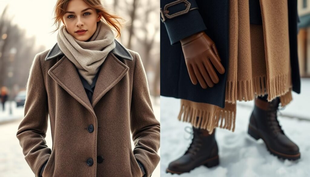 A cozy winter scene showcasing strategic layering techniques. In the foreground, a model wearing a tailored wool overcoat showcases how to layer a soft cashmere scarf, leather gloves, and insulated boots for warmth and style. The middle ground features a close-up view of the layered textures and silhouettes, highlighting the harmonious interplay of fabrics. In the background, a snowy urban landscape sets the mood, with diffused natural lighting casting a soft, ethereal glow. The overall scene conveys a sense of elegance and practicality, inspiring viewers to master the art of winter coat layering.