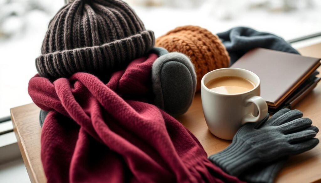 A cozy winter scene with a stylish arrangement of essential accessories. In the foreground, a plush cashmere scarf in a deep burgundy hue cascades gracefully over a pair of charcoal grey gloves. Alongside, a classic woolen beanie in a warm, earthy tone sits atop a matching pair of earmuffs. In the middle ground, a sleek, leather-bound journal and a hot beverage in a ceramic mug create a sense of tranquility. The background is softly blurred, suggesting a snowy landscape outside a cozy, well-appointed home. The lighting is natural, with a gentle, diffused glow illuminating the scene. The overall mood is one of understated elegance and practical sophistication.