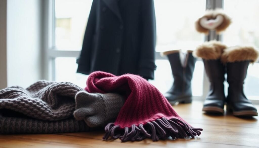 A cozy winter scene with an assortment of essential cold-weather clothing items neatly arranged on a wooden surface. In the foreground, a chunky knit sweater, a pair of fleece-lined gloves, and a warm scarf in a rich burgundy hue. In the middle ground, a classic black pea coat and a sleek, tailored wool overcoat. In the background, a pair of insulated snow boots and a faux-fur trimmed hooded parka. Soft, natural lighting illuminates the scene, creating a sense of comfort and practicality. The overall mood is one of thoughtful, stylish preparedness for the winter season.