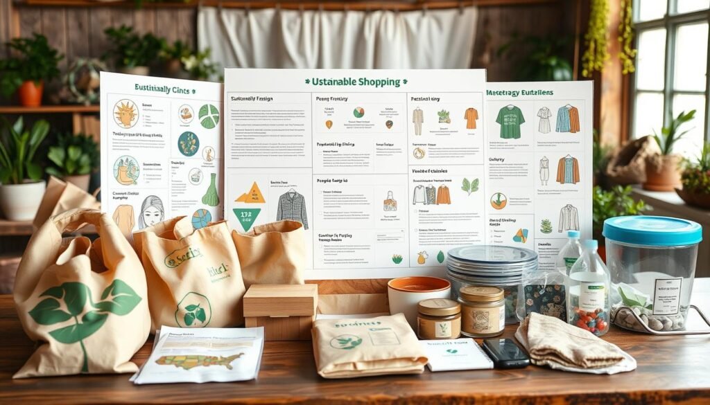 A detailed, richly illustrated sustainable shopping strategy guide displayed on a wooden surface. In the foreground, various eco-friendly shopping bags, reusable containers, and sustainable fashion items are neatly arranged. In the middle ground, a series of informative infographics and checklists provide step-by-step guidance on sustainable shopping practices. The background features a natural, rustic setting with potted plants, natural lighting, and a warm, earthy color palette, evoking a sense of environmental consciousness. The overall composition conveys a visually appealing and informative resource for mastering the art of sustainable fashion shopping.