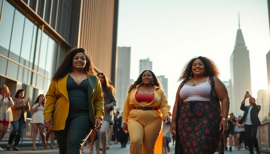 A diverse group of confident, stylish plus-size fashion influencers strutting down a city street, illuminated by warm, golden afternoon light. In the foreground, three women of various skin tones and body types pose confidently, wearing vibrant, eye-catching outfits that celebrate their curves. In the middle ground, a group of onlookers, including other influencers and admirers, cheer and take photos, capturing the empowering moment. The background features a sleek, modern cityscape with towering skyscrapers, signifying the influencers' rising impact on the fashion industry and society. An atmosphere of joy, pride, and defiance of traditional beauty standards permeates the scene.