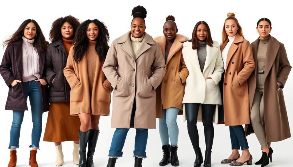 A diverse group of models showcasing winter outfits tailored for different body types. Crisp, high-resolution image with natural lighting and a clean, minimal background. The models are posed confidently, highlighting the versatility and flattering silhouettes of the cold-weather ensembles. The outfits include a range of styles, from cozy knits and puffer jackets to elegant wool coats, showcasing how to dress stylishly for the winter season regardless of one's body shape. The composition emphasizes the models' individuality and the inclusive, empowering nature of the winter fashion tips.