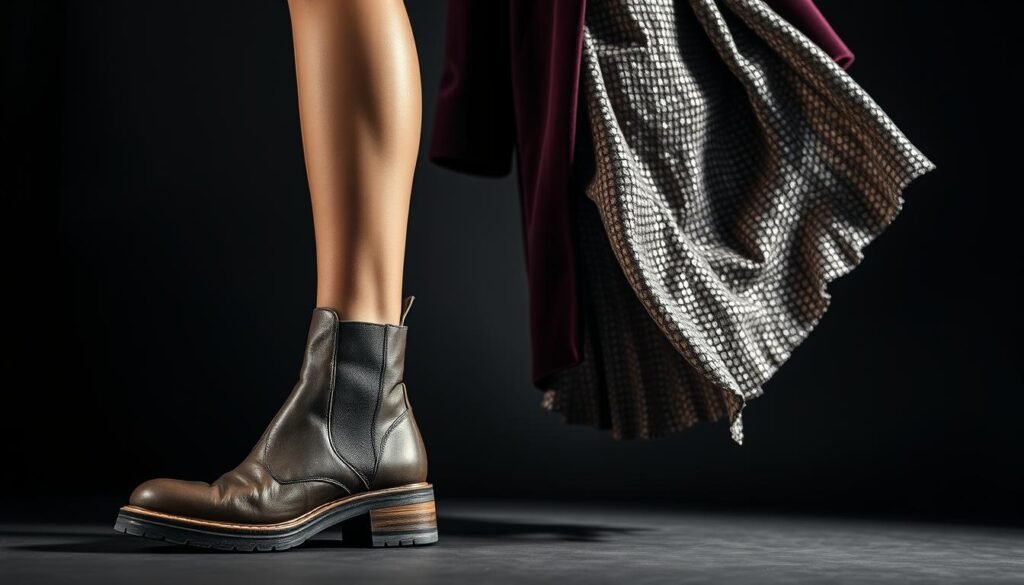 A fashion-forward model showcases a stylish ensemble with mixed textures. In the foreground, a sleek leather ankle boot with a chunky sole commands attention, its smooth surface contrasting with the rough, unfinished edges. The mid-ground features a flowing, asymmetrical dress in a shimmering metallic fabric, the light catching the intricate weave and creating a mesmerizing effect. In the background, a plush velvet coat in a rich, jewel-toned hue adds depth and luxury to the scene. The model's pose is confident and poised, highlighting the high-fashion aesthetic. Dramatic studio lighting casts dramatic shadows, emphasizing the interplay of textures and elevating the overall look to a stunning, fashion-forward statement.
