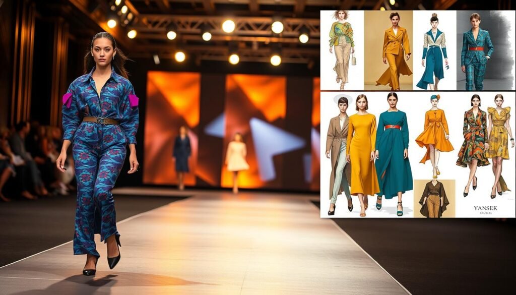 A fashion-forward scene showcasing the latest color trends and pattern mixing inspiration from Fashion Week. In the foreground, a stunning model struts down a sleek runway, dressed in a boldly patterned ensemble featuring vibrant hues of jewel-toned blues, deep purples, and rich mustards. The middle ground reveals a backdrop of elegant stage lighting, casting a warm, theatrical glow. In the background, a collage of various runway looks and fashion sketches provide further inspiration, showcasing the dynamic interplay of shapes, textures, and palettes that define the season's most captivating styles. Captured with a high-resolution, cinematic lens, this visually stunning image captures the energy and excitement of the fashion industry's premier event.