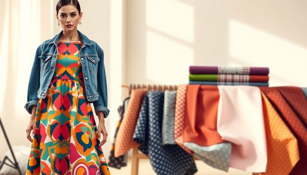 A fashion illustration showcasing advanced color matching techniques for pattern mixing. In the foreground, an elegant model wears a vibrant dress with a bold geometric pattern. The dress is paired with a chic denim jacket, creating a harmonious color palette. In the middle ground, various fabric swatches are arranged, each showcasing a unique combination of colors and patterns. The background is a softly blurred studio setting, with natural lighting casting a warm, artistic glow. The overall scene conveys a sense of creativity, style, and a deep understanding of color theory and pattern blending.
