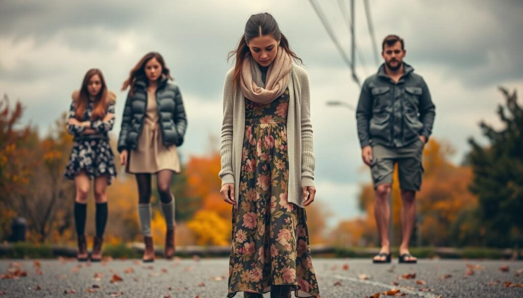 A fashionable autumn day gone wrong. In the foreground, a model wearing a mismatched ensemble - a floral maxi dress paired with heavy winter boots, a light cardigan, and a chunky scarf. Her expression conveys dismay as she gazes down at her outfit. The middle ground features various fashion faux pas - a too-short skirt paired with thigh-high socks, a puffer jacket worn over a lightweight sundress, and a man in cargo shorts and sandals. The background depicts an autumnal scene, with vibrant foliage and a moody, overcast sky, creating a sense of seasonal disconnect. The lighting is soft and diffused, adding an air of wistfulness to the scene. The angle is slightly elevated, allowing the viewer to observe the fashion missteps from an objective perspective.