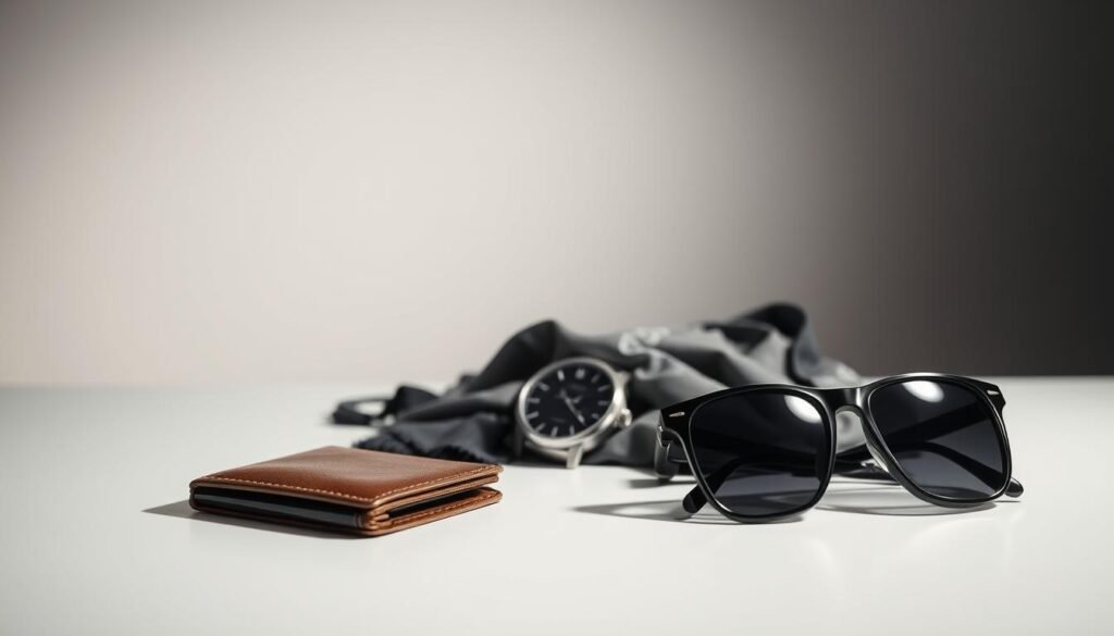 A high-contrast, well-lit studio scene with a table showcasing a selection of quality accessories - a luxurious leather wallet, a stainless steel watch, a silk scarf, and a pair of designer sunglasses. In the foreground, a clean, minimalist composition with the accessories arranged neatly. The middle ground features a neutral background, with soft shadows and highlights accentuating the texture and quality of the items. The overall mood is one of refined sophistication, inviting the viewer to consider the value of investing in timeless, well-crafted accessories that can elevate any outfit.