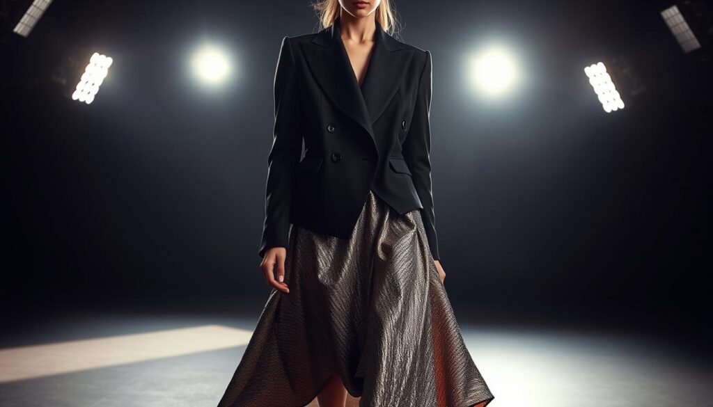 A high-fashion model stands in a dimly lit studio, showcasing a meticulously coordinated ensemble. In the foreground, the model's outfit features a structured, monochromatic jacket with striking asymmetrical lines, creating visual depth and dimension. The mid-ground reveals a shimmering, textured skirt that cascades in soft folds, accentuating the model's movements. In the background, a dramatic, moody lighting setup casts shadows and highlights, emphasizing the sculptural qualities of the garments. The overall aesthetic conveys a sense of modern elegance and sophistication, highlighting the power of strategic color placement to add depth and complexity to fashion design.