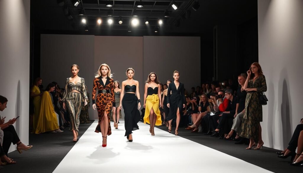 A high-fashion runway in a sleek, modern fashion show venue. Bright, dramatic lighting casts dramatic shadows and highlights the models' elegant poses. In the foreground, models stride confidently down the catwalk, showcasing the latest couture trends - bold colors, intricate patterns, and avant-garde silhouettes. In the middle ground, a row of fashionistas and industry insiders observe intently, their expressions a mix of fascination and critique. The background features a minimalist backdrop, allowing the clothing to take center stage. The overall atmosphere is one of high-stakes, high-fashion excitement, capturing the essence of the world's premier fashion weeks.
