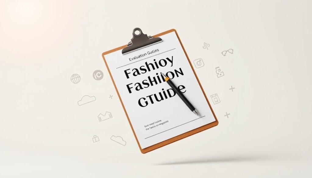 A high-quality fashion evaluation guide against a clean, minimalist background. In the foreground, a stylish clipboard and pen float, showcasing sleek, modern design. Surrounding them, fashion-related icons and graphics in a muted color palette suggest the content within. Subtle, warm lighting from the top left casts a gentle glow, highlighting the premium materials and attention to detail. The overall scene conveys a sense of curation, professionalism, and the expertise required to assess and select the top fashion influencers.