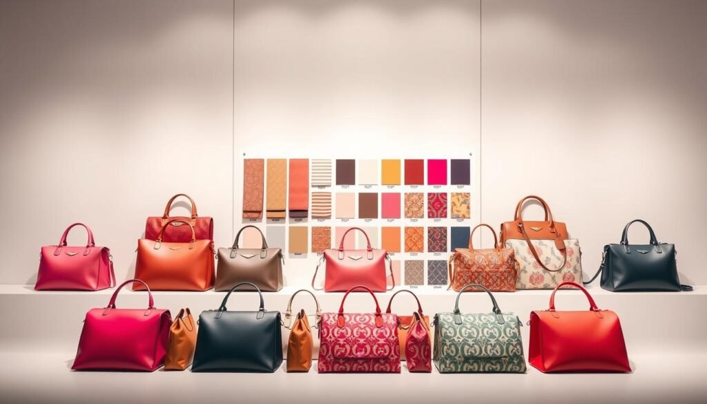 A high-resolution, visually striking image of a color and pattern coordination guide for women's handbags. The foreground depicts a neatly arranged selection of fashionable handbags in a variety of hues and prints, meticulously displayed against a clean, minimalist backdrop. The middle ground showcases fabric swatches and color palettes, providing a visual reference for harmonious color combinations and pattern pairings. The background features a soft, diffused lighting that enhances the overall sense of elegance and sophistication. The composition is balanced, with a harmonious interplay of shapes, textures, and tones that guide the viewer's eye through the image, highlighting the key elements of the styling guide. The overall mood is one of refined taste, sartorial expertise, and aspirational style.