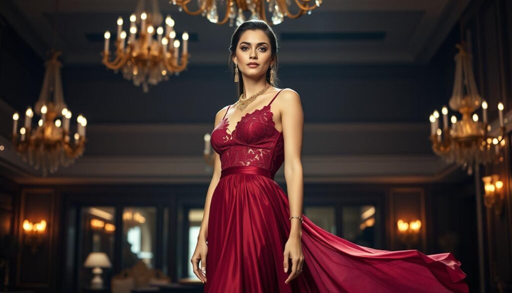A luxurious evening gown in a rich burgundy hue, with delicate lace detailing on the bodice and a flowing, cascading skirt. The ensemble is accented by elegant gold jewelry - a statement necklace, dangling earrings, and a sleek bracelet. The lighting is soft and flattering, creating a warm, inviting ambiance. The model is posed in a sophisticated manner, showcasing the graceful silhouette of the dress against a backdrop of a dimly lit, opulent ballroom setting.