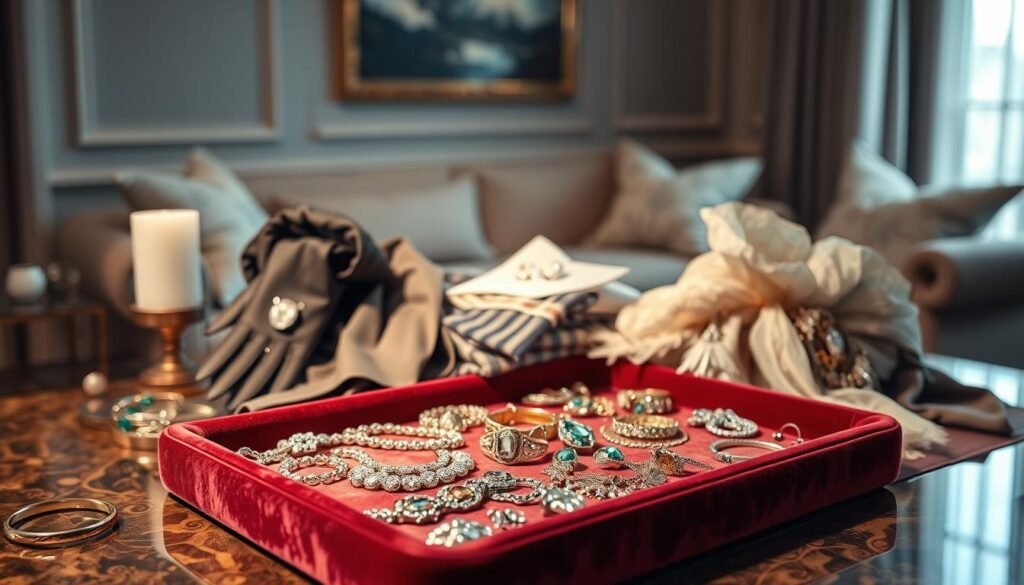 A luxurious tabletop arrangement showcasing a diverse collection of occasion-specific jewelry styling accessories. In the foreground, an elegant velvet jewelry tray displays a selection of sparkling necklaces, bracelets, and earrings in various precious metals and gemstones. In the middle ground, a selection of silk scarves, leather gloves, and delicate lace handkerchiefs are carefully arranged, complementing the jewelry pieces. The background features a softly lit, sophisticated room setting with muted colors and warm lighting, creating a serene and sophisticated atmosphere. The overall composition emphasizes the visual harmony and thoughtful coordination of these styling tools to elevate any special occasion outfit.