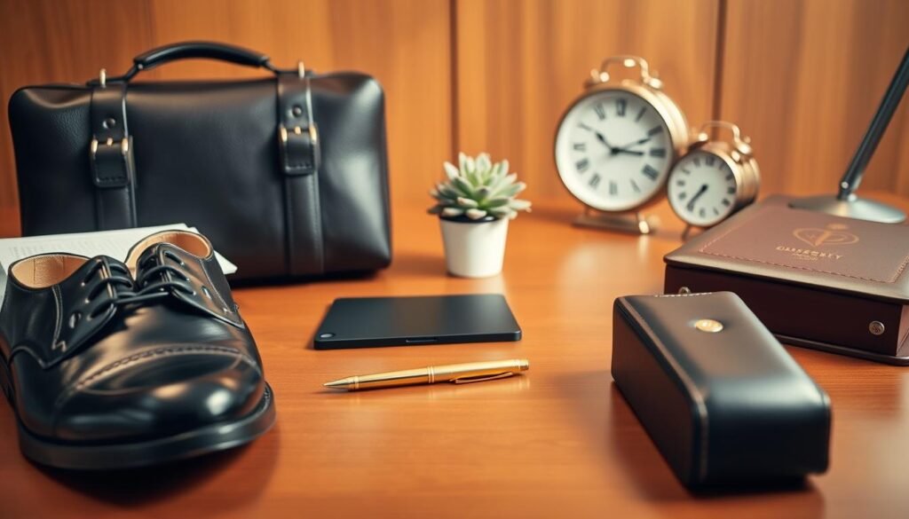 A meticulously arranged still life of professional office accessories and high-quality leather shoes. In the foreground, a pair of sleek black oxfords and a leather briefcase sit atop a polished wooden desk. The middle ground features a gold-toned pen, a small succulent plant, and a minimalist desk clock. The background is a softly-lit workspace with warm wood tones, casting a sophisticated, elegant ambiance. The lighting is soft and even, highlighting the textures and materials. The camera angle is slightly elevated, creating a visually appealing, balanced composition. Overall, the image conveys a sense of refined professionalism and attention to detail.