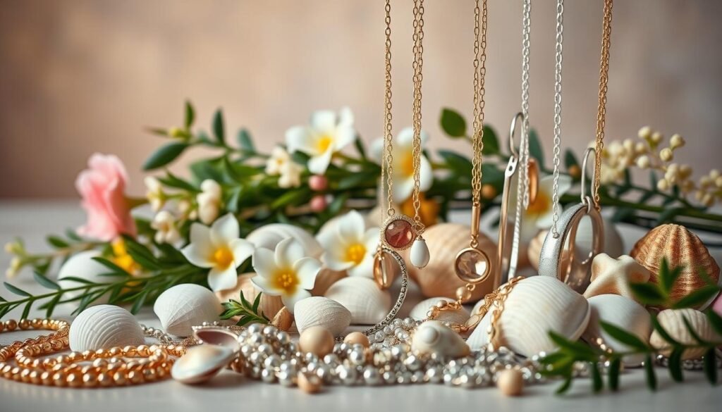 A meticulously arranged still life showcasing a summer jewelry collection. In the foreground, a selection of delicate necklaces, earrings, and bracelets in gold, silver, and pastel tones are layered and intertwined, creating a harmonious and visually captivating display. The middle ground features a variety of natural elements such as fresh greenery, flowers, and seashells, adding a summery, organic feel. The background is softly blurred, allowing the jewelry to take center stage, illuminated by warm, diffused lighting that casts gentle shadows and highlights the textures and materials. The overall composition conveys a sense of effortless elegance and versatility, inspiring ideas for how to layer and style the jewelry pieces for the perfect summer look.