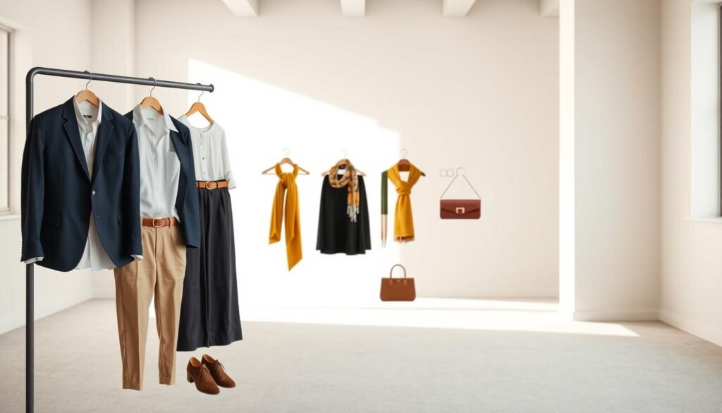 A meticulously curated capsule wardrobe in a harmonious color palette. The foreground showcases a collection of versatile garments - classic white shirt, navy blazer, khaki pants, black skirt, and a few pops of accent colors like mustard yellow and olive green. The middle ground displays carefully coordinated accessories such as leather belt, silk scarf, and minimalist jewelry. The background is a serene, light-filled room with soft, muted tones, allowing the vibrant color scheme to shine. Subtle, natural lighting from large windows casts a warm, inviting glow, highlighting the timeless elegance of this cohesive, effortless fashion coordination.