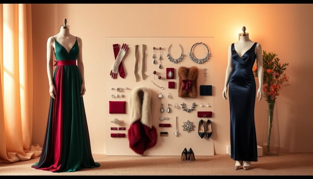 A meticulously curated collection of elegant evening dress styling options, artfully showcased against a softly lit, luxurious backdrop. In the foreground, three exquisite gowns in rich jewel tones and timeless silhouettes - a flowing chiffon in deep emerald, a structured satin in regal burgundy, and a sleek column dress in lustrous midnight blue. The middle ground features a range of complementary accessories, from delicate lace gloves and sparkling statement jewelry to opulent fur stoles and glamorous heeled pumps. The background subtly evokes an air of refined sophistication, with a hint of warm, ambient lighting and a tasteful floral arrangement adding a touch of natural elegance.