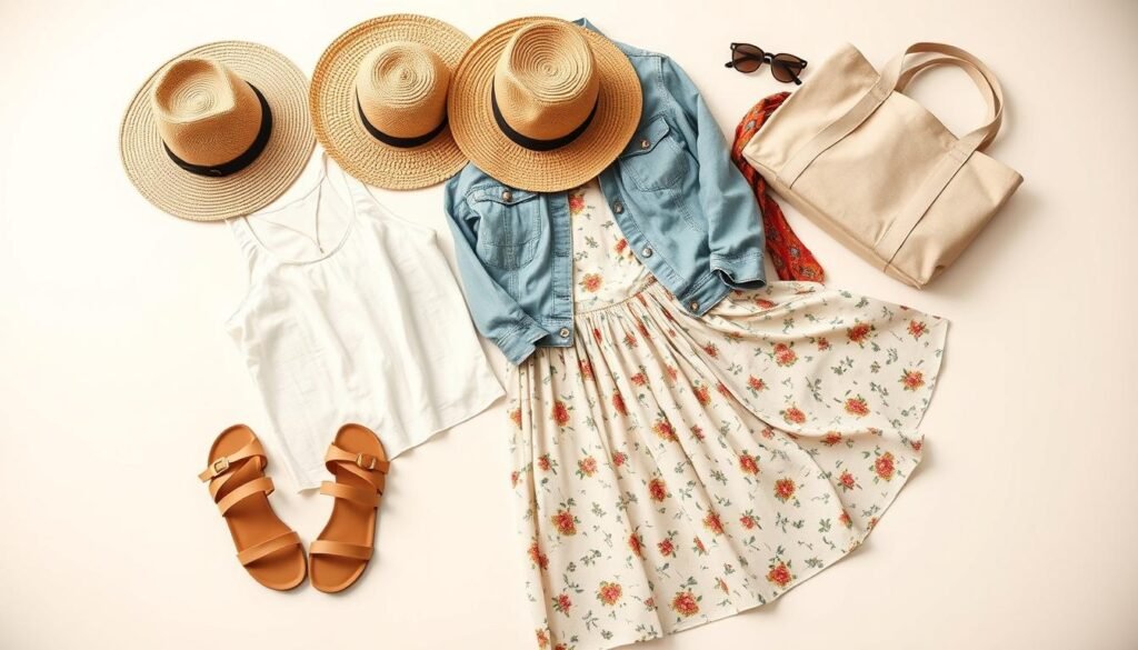 A mid-shot photo of a woman's outfit laid out on a plain white surface. In the foreground, a pair of simple sandals, a white linen tank top, and a floral print midi skirt. In the middle ground, a straw sun hat, a lightweight denim jacket, and a canvas tote bag. In the background, a few other summer essentials like a pair of sunglasses and a colorful scarf. The lighting is soft and diffused, creating a warm, summery mood. The camera angle is slightly elevated, giving a bird's-eye view of the curated wardrobe.