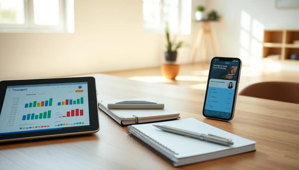 A modern, well-organized workspace with a laptop, smartphone, and various budgeting tools laid out neatly. In the foreground, a sleek digital tablet displays a budgeting app with colorful charts and graphs. Beside it, a spiral-bound notebook and a pen rest on a minimalist wooden desk. In the middle ground, a smartphone screen shows a shopping list and expense tracking app. The background features a clean, bright room with neutral-toned walls and natural lighting streaming in through large windows, creating a calm, productive atmosphere.