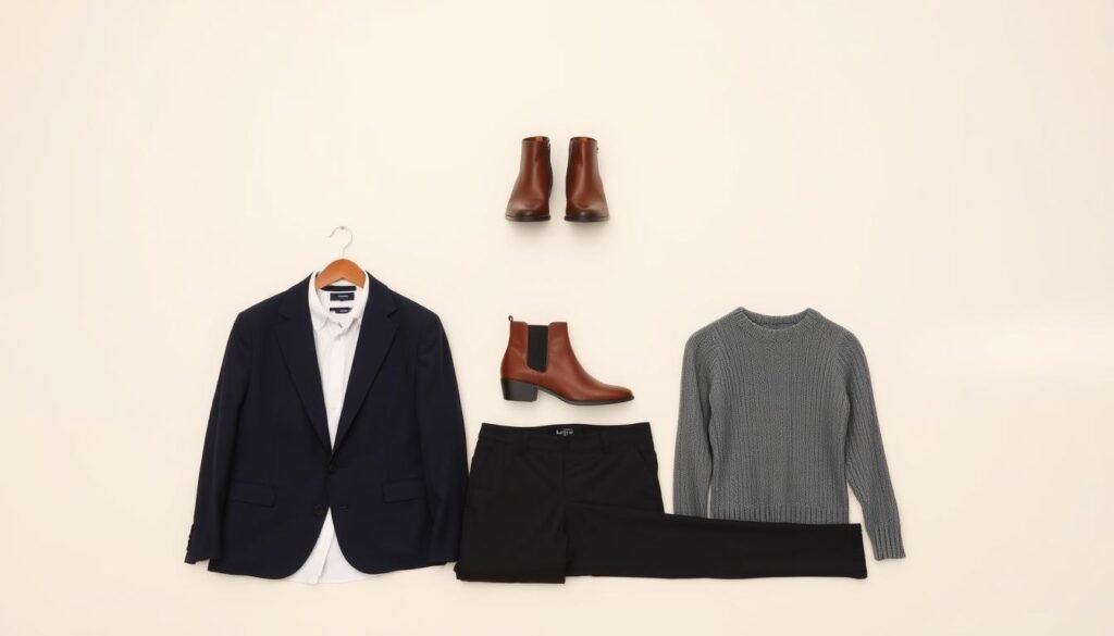 A neatly arranged collection of classic wardrobe essentials against a clean, minimalist background. In the foreground, a crisp white button-down shirt, a dark navy blue blazer, and a pair of slim-fit black trousers sit atop a neutral-toned backdrop. In the middle ground, a pair of versatile leather ankle boots and a timeless gray knit sweater are displayed. The background features soft, diffused lighting, creating a sense of simplicity and elegance. The overall mood is one of timeless style and effortless sophistication, capturing the essence of a versatile, foundation wardrobe.
