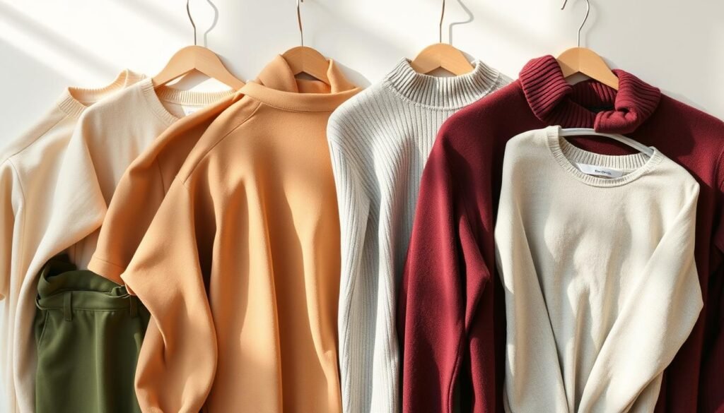 A neatly arranged collection of fashion basics in a cohesive color palette, showcased on a minimalist background. Soft natural light illuminates the garments, accentuating their textures and hues. The palette features a harmonious blend of neutral tones - beige, taupe, and soft gray - complemented by accents of earthy green and rich burgundy. The items, carefully selected to form the foundation of a versatile wardrobe, are displayed in a visually appealing manner, inspiring viewers to build their own personalized color scheme for everyday wear.