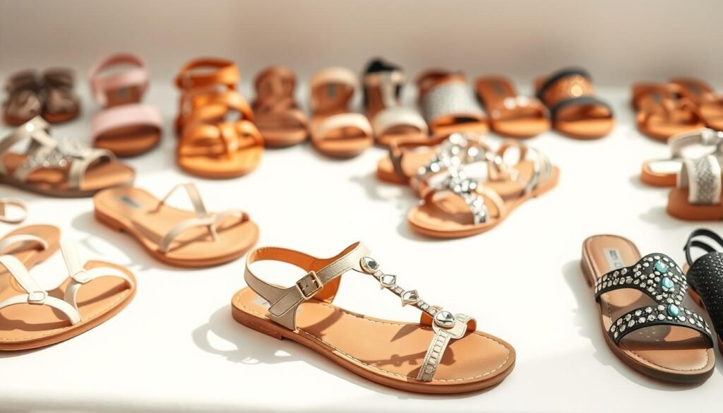 A neatly arranged display of fashionable spring sandals, showcasing a diverse selection of styles, textures, and colors. The foreground features a variety of sandals, including strappy, open-toe, and embellished designs, in a range of hues such as pastels, neutrals, and metallics. The middle ground presents the sandals on a clean, minimalist surface, allowing the footwear to take center stage. The background is softly blurred, creating a serene and inviting atmosphere, complementing the spring-inspired color palette. The lighting is natural and diffused, highlighting the intricate details and materials of the sandals, such as leather, suede, and woven accents. The overall composition is visually appealing, drawing the viewer's attention to the various stylish options for transitioning into the spring season.
