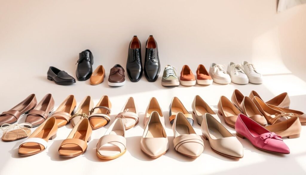 A neatly arranged display of stylish spring shoes in a bright, airy studio setting. In the foreground, a variety of fashionable women's shoes - sandals, flats, loafers, and pumps - in pastel and neutral tones are showcased on a clean, minimalist surface. The middle ground features a selection of men's dress shoes and casual sneakers in complementary hues. The background subtly blends into a softly lit, neutral-colored backdrop, creating a serene, inviting atmosphere that highlights the shoes' design and textures. Warm, natural lighting gently illuminates the scene, emphasizing the springtime mood and the shoes' intricate details.